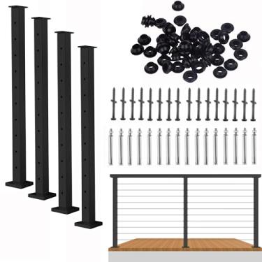 Imagem de Senmit Poste de Corrimão de Cabo - Poste de Cerca Quadrado de Aço Inoxidável para Sistema de Corrimão de Cabo de Deck (36" Nivelado, Perfurado, Pacote com 4 Unidades, Preto)