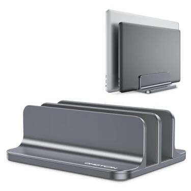 Imagem de OMOTON Suporte vertical para laptop [versão dupla atualizada], suporte de mesa de alumínio para MacBook com tamanho de base ajustável, serve para todos os MacBook, Surface, Chrome Book e laptops para