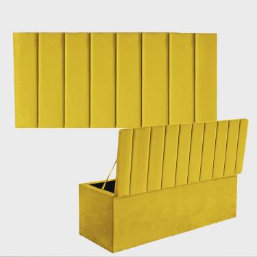 Imagem de Kit Painel Cabeceira Estofada e Calçadeira Baú Recamier Carla 100cm Solteiro Corino Amarelo - Ahz Móveis