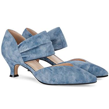 Imagem de Coutgo Sapato social feminino de salto baixo, bico fino, tira no tornozelo, recortado, elegante, festa de casamento, Jeans azul, 40
