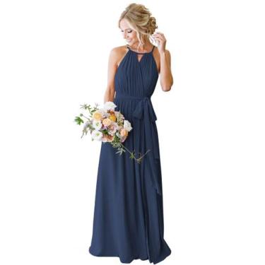 Imagem de Vestido de dama de honra Stylefun 2025 Chiffon Halter azul marinho tam