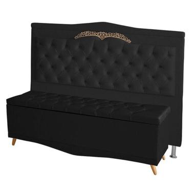 Imagem de Kit Cabeceira De Cama E Calçadeira Baú Madri Casal 140 Cm Suede Preto Do Lar Móveis E Decoração