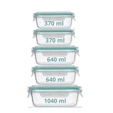 Imagem de Conjunto de Potes Herméticos de Vidro com Tampa, 5 Peças, 370ml, 640ml, 1040ml, Verde