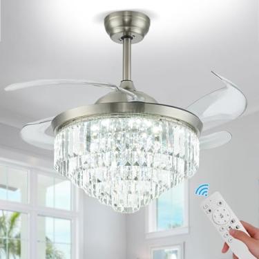 Imagem de Cainjiazh Ventilador De Teto Led Regulável De 42" Com Lustre De Cristal E Controle Remoto, Motor Reversível Silencioso Para Quarto, Sala De Estar, Escritório, Cozinha E Sala De Jantar (Níquel)