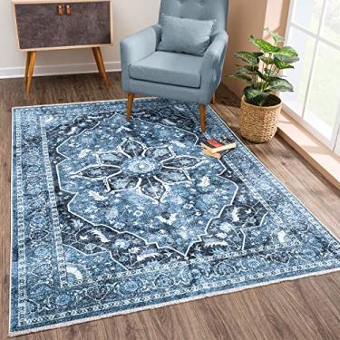 Imagem de Bloom Rugs Tapete lavável antiderrapante 2x3 - Tapete de área oriental tradicional azul/carvão para sala de estar, quarto, sala de jantar e cozinha - Tamanho exato: 5 x 7 cm