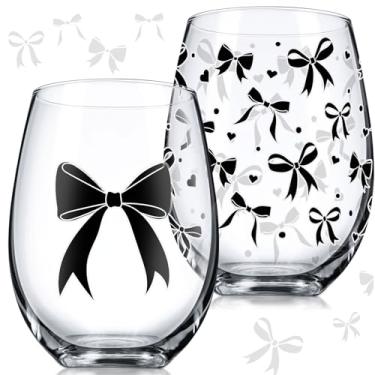 Imagem de Sliner Pacote com 2 copos de vinho Coquette Black Bow 482 g copo de vidro estético preto copo de vinho inspirado na moda para aniversário dia dos namorados suprimentos de festa, presentes para meninas
