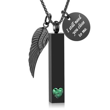 Imagem de Oinsi Joias de cremação para cinzas com pingente de asa de anjo colar de urna de barra vertical coração pedra do mês de nascimento em aço inoxidável pingente memorial lembrança para mulheres e homens