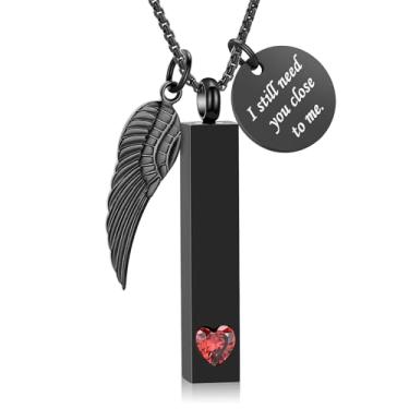 Imagem de Oinsi Joias de cremação para cinzas com pingente de asa de anjo colar de urna de barra vertical coração pedra do mês de nascimento em aço inoxidável pingente memorial lembrança para mulheres e homens