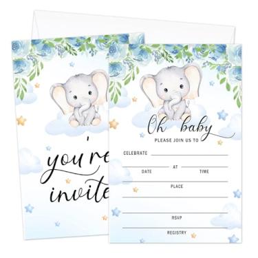 Imagem de AWDSTN Convites de chá de bebê de elefante floral azul com envelopes, conjunto de 25 cartões de convite de preenchimento de chá de bebê, decorações e suprimentos de festa de revelação de gênero -08