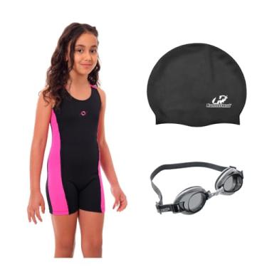 Imagem de Kit Maiô Macaquinho Natação Juvenil Infantil Touca Silicone + Óculos Uv (Preto/Pink - Touca Preto, 14)