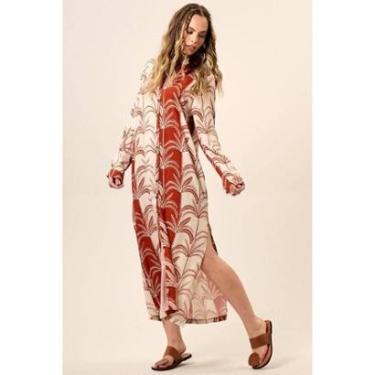 Imagem de Chemise Longo Com Mangas Longas Bege E Vermelho Estampado Yacamim M4-Feminino