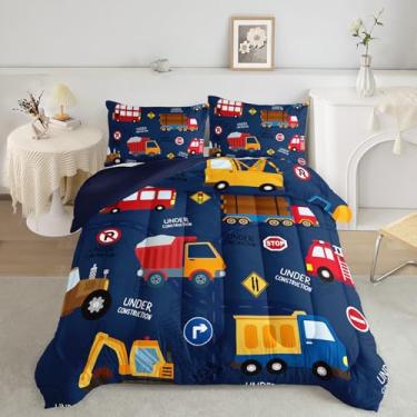 Imagem de QOOMO Jogo de cama solteiro com 3 peças, escavadeira, para adolescentes, meninos, meninas, estampa de caminhão, com 2 fronhas, alternativa, macio e leve