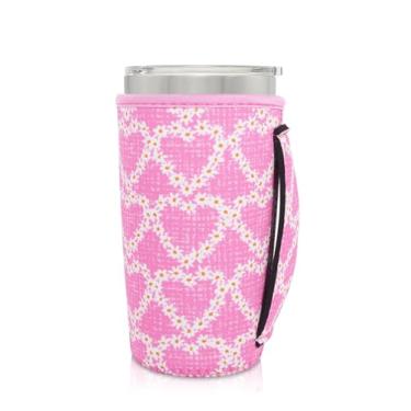 Imagem de AJLTPA Suporte de copo com mangas isoladas de neoprene com alça para copos de 590 ml, manga reutilizável para café gelado compatível com Starbucks Trenta, Dunkin grande, mais (Love Daisy Chain)