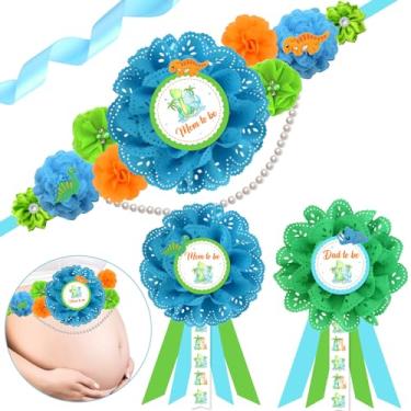 Imagem de JOYMEMO Kit De Faixa Para Chá Bebê Com Dinossauro Maternidade - Cinto Barriga Flores E Broches Corsage Mamãe Papai, Decoração A Chegada Do Bebê, Itens Os Pais Durante Gravidez