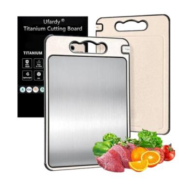 Imagem de Ufardy Tábua De Corte Titânio, 14,5 X 10 Pol., Dupla Face, Palha Trigo, Pp, Sem Bpa, Antiderrapante, Lavável Na Máquina Lavar Louças, Vem Com Afiador Facas, Ralador Alho E Ranhura Para Suco