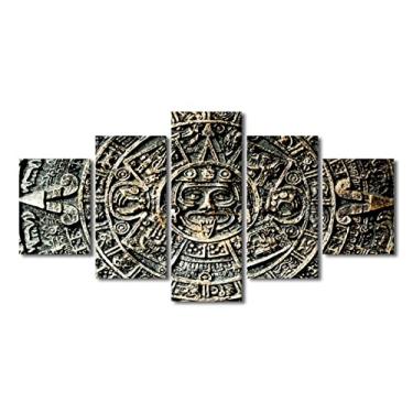 Imagem de Decorações de parede para o lar calendário asteca pinturas de arte México arte de parede da civilização americana antiga imagens de trabalho 5 peças pôsteres e impressões com moldura de madeira pronto