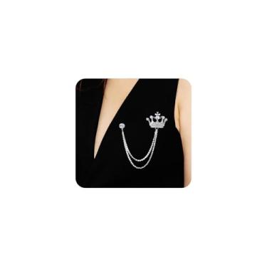 Imagem de Broche de corrente de pendurar coroa de strass prata para homens mulheres vintage ouro cristal coroa broche broche CZ borla lapela alfinetes terno roupas festa acessórios, Large, Metal, Sem Pedra