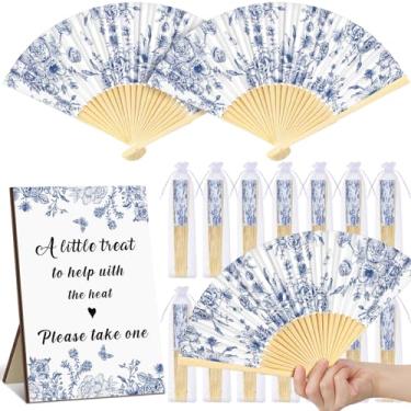 Imagem de Leinuosen 51 peças de lembrancinhas de casamento para convidados a granel 25 ventiladores de mão dobráveis de casamento ventiladores de papel portáteis com 25 sacos de organza e uma placa de mesa azul