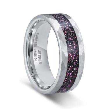 Imagem de JEWPER Anéis de tungstênio para homens 8 mm preto/prata/ouro moda promessa aliança de casamento martelada sulco meteorito orbo carboneto chanfrado borda polida ajuste confortável, 8, Metal, Sem pedra