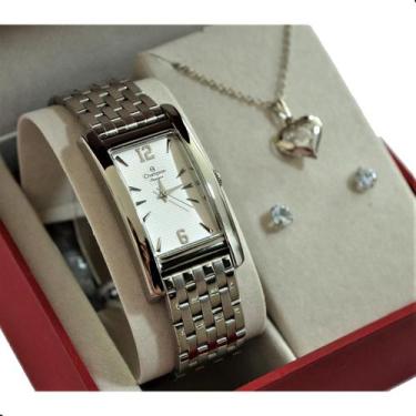 Imagem de Relogio champion retangular medio prateado cn26608q + kit semi joia