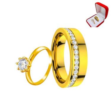 Imagem de Aliança Cravejado Pedra Zirconia Branca 6mm Dourada + Solitario 2mm An