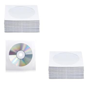 Imagem de 200 peças de capas de CD DVD, capas premium de papel branco para CD DVD com janela transparente e aba fechada compatível com CD DVD de 7,6 cm