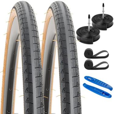 Imagem de YUNSCM 2 peças 700C pneus de bicicleta 28x1 5/8x1 1/8 700x28C/28-622 e 700 tubos de bicicleta resistentes válvula Presta com 2 tiras de aro compatível com 700x26C 700x28C 700x30C pneus e tubos de