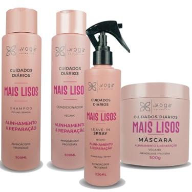 Imagem de Kit In Voga Mais Lisos: Shampoo 500ml - Condicionador 500ml Mascara 500gr e leave-in 230ml. Para todos os tipos de cabelo. A Linha Mais Lisos é indicada para o tratamento de cabelos naturais ou alisados, proporciona reparação, hidratação profunda e prolongada.