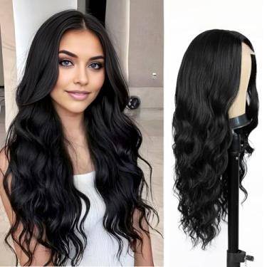 Imagem de Haoland Perucas Longas Pretas De Renda 26" Para Mulheres, Parte Central, Cacheada, Cabelo Sintético Resistente Ao Calor, Com Aparência Natural, Fibra Uso Diário Em Festas