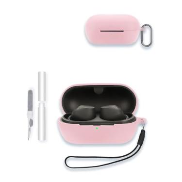 Imagem de Capa para fones de ouvido Sony WF-C710N verdadeiramente sem fio com cancelamento de ruído, capa protetora de silicone macio WUNIAK resistente a arranhões com kit de limpeza, mosquetão e cordão, rosa