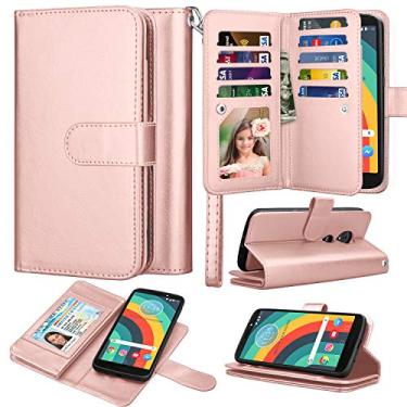 Imagem de Capa carteira para celular Moto G6 Play, carteira G6 Forge, carteira de couro sintético Takfox com suporte magnético e capa removível para 9 cartões, Rose Gold