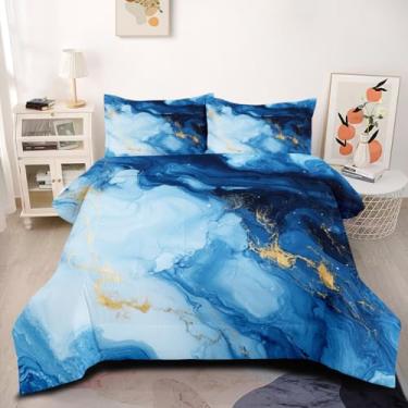 Imagem de CCoutueChen Conjunto de edredom Queen de mármore azul e branco, abstrato, texturizado, marmorizado, para crianças, meninos, meninas, geometria fluida, moderno, conjunto de cama de verão, 3 peças (1