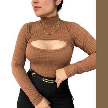 Imagem de Body Feminino Blusa Manga Longa Gola Alta Tecido Bubble Moda Gringa Bl