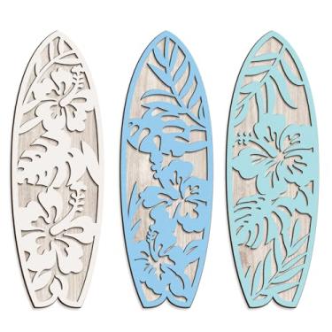 Imagem de COLOR VALLEY ART 3 peças de decoração de prancha de surfe de hibisco para quarto decoração de parede de praia de madeira de verão placa de surf para decoração de sala de estar tropical, 10 cm x 30 cm