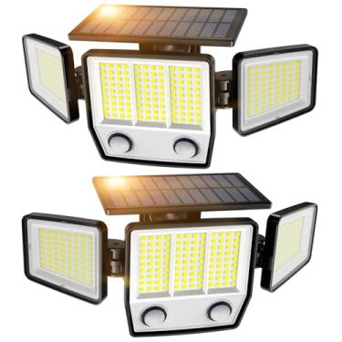 Imagem de Amiluo Luzes externas solares 6500K, luzes externas com sensor de movimento LED 3000LM 304, luz de segurança de 3 cabeças, IP67 à prova d'água, luz de parede de inundação de 270° com 3 modos para