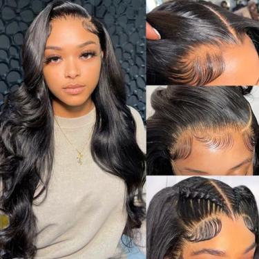 Imagem de Aveiyce Peruca frontal de renda 33 x 15 cm, densidade de 180%, ondulação corporal, sem cola, peruca frontal transparente HD para mulheres negras pré-arrancadas com cabelo de bebê (55 cm, cor natural)