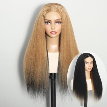 Imagem de Sogram Peruca de cabelo humano liso Yaki sem cola Wear and Go Peruca dupla sem cola, peruca de renda HD transparente, 10 x 10 cm, cabelo humano 180% densidade de 55 cm (loiro e preto)
