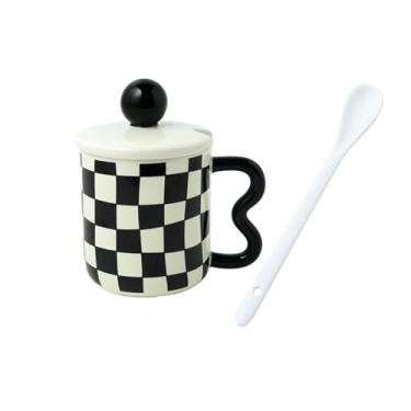 Imagem de Caneca de cerâmica retrô quadriculada com alça de tampa xícara de café de escritório - tabuleiro de damas + colher