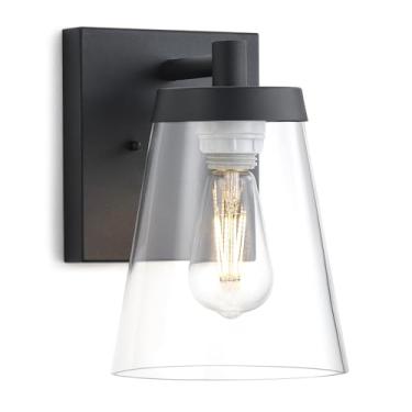 Imagem de GOALPLUS Luminária de parede externa de 26 cm de altura - luminária externa moderna de fazenda com sombra de vidro transparente, lanterna de parede preta fosca à prova d'água para varanda, porta da