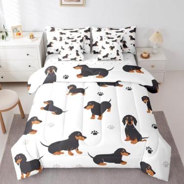 Imagem de Feelyou Jogo de cama de cachorro com salsicha, inclui edredom, conjunto de lençol de casal com 7 peças, para decoração de crianças, meninos, meninas, cama de cachorro fofo em uma bolsa, microfibra
