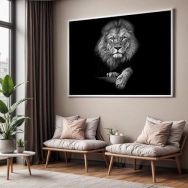 Imagem de Quadro com Moldura Sala Quarto Leão Preto e Branco Decorativo Horizontal Grande Hall