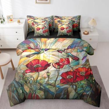Imagem de Conjunto de cama com 7 peças de beija-flor, jardim rústico, botânico, flores vermelhas, papoula, estilo vitral artístico (edredom + lençol de cima + fronhas + fronhas de travesseiro), King