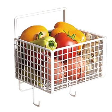 Imagem de Cesta de parede de cozinha metal único metal grande capacidade economiza cesta de armazenamento montada na parede com gancho para temperos de vegeta (Branco)