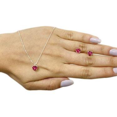 Imagem de Kit Colar Brinco Ponto Luz Coração Pink Folheado Prata 925 - Papillon 