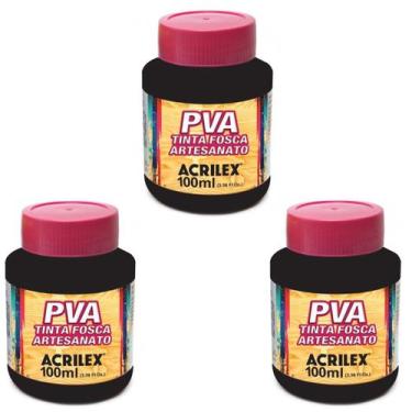 Imagem de Kit Tinta Fosca Artesanato PVA Preto 3x 100ml Acrilex