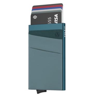 Imagem de VULKIT Porta-cartões com bolso para dinheiro, carteira pop-up com bloqueio de RFID, capa fina de metal para cartões bancários comporta 5 cartões e notas, Verde esmeralda, S, Minimalista