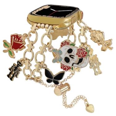 Imagem de Pulseira de Halloween compatível com Apple Watch séries 10, 9, 8, 7, 6, 5, 4, 3 e SE, Ultra 2 de 38 mm, 40 mm, 41 mm, 42 mm, 45 mm, 46 mm, 49 mm, crânio/ouro, 38 mm