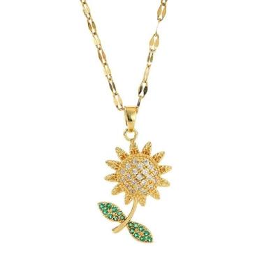 Imagem de Colar com pingente de girassol giratório delicado para mulheres, zircônia cúbica, girador, flor, folhas verdes, pingente, corrente ajustável, gargantilha de verão, ansiedade, joias modernas, presentes