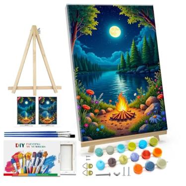 Imagem de ATDMS Kit de pintura de paisagem por números para adultos com moldura de pintura de lua por número com cavalete lago kits de pintura para adultos por números em tela emoldurada DIY pintura a óleo por