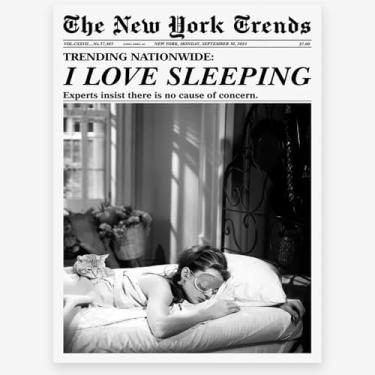 Imagem de KTSIM Pôster de jornal feminino moderno I LOVE SLEEPING para decoração de parede de quarto de dormitório feminino moderno feminista preto e branco impressões em tela